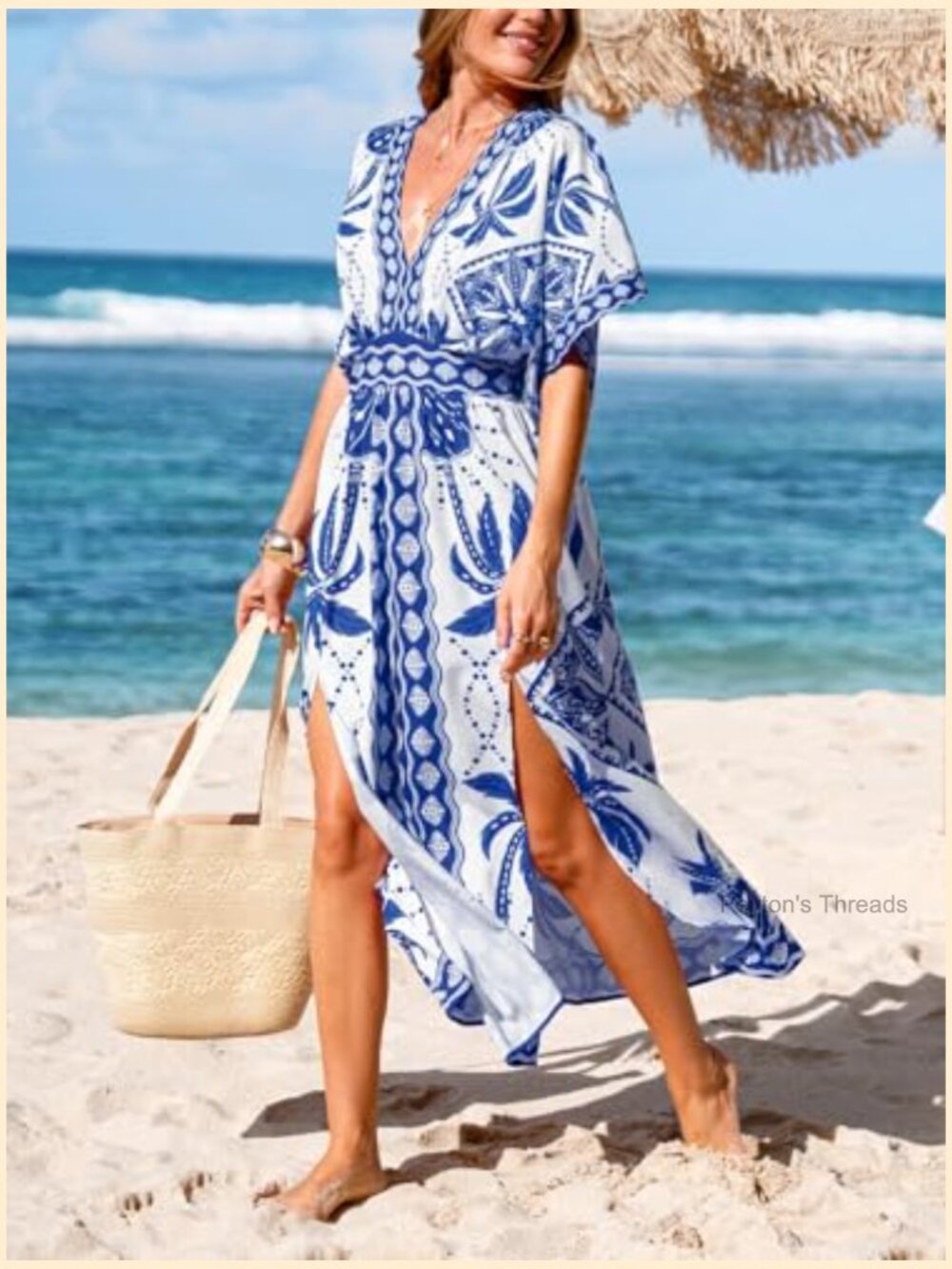 Tropical Floral Maxi Dress with Pockets V Neck Short Sleeve Smocked Slit Dress - Picture 6 of 7